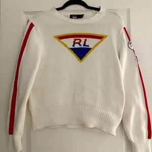 Polo Ralph Lauren Sweater Ski Logo Graphic Cotton Crewneck Pullover Cream Medium